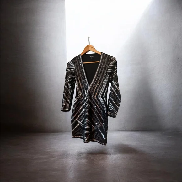 EXPRESS Black Silver Sequin Mini Dress XSP - Picture 2 of 7